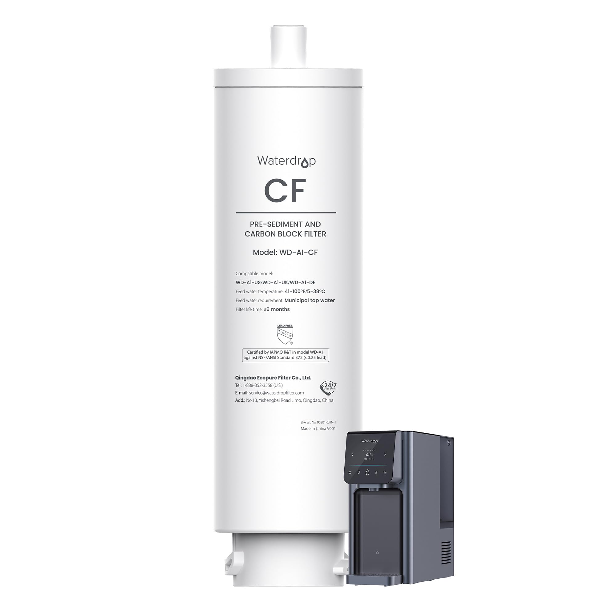 Waterdrop WD-A1-CF Filter, Replacement for WD-A1 Reverse Osmosis Hot Cold Water Dispenser, 6-Month Lifetime