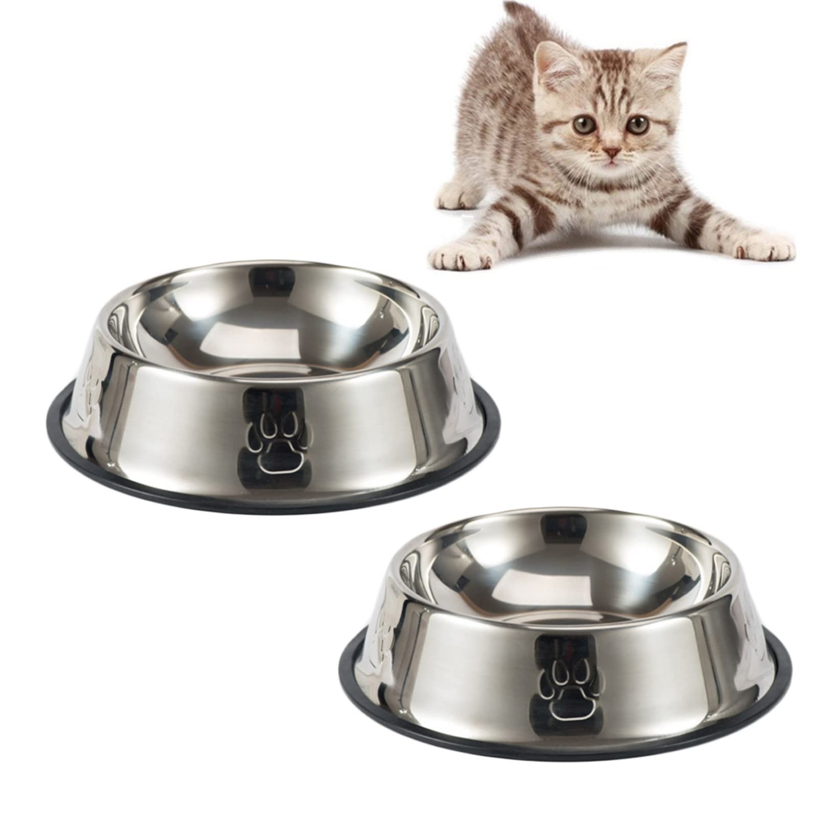 Cat Feeding Bowls, Non-Slip Stainless Steel Pet Set of 2, Metal Kitten Water & Food Dishes - Drop-Proof and Easy to Clean