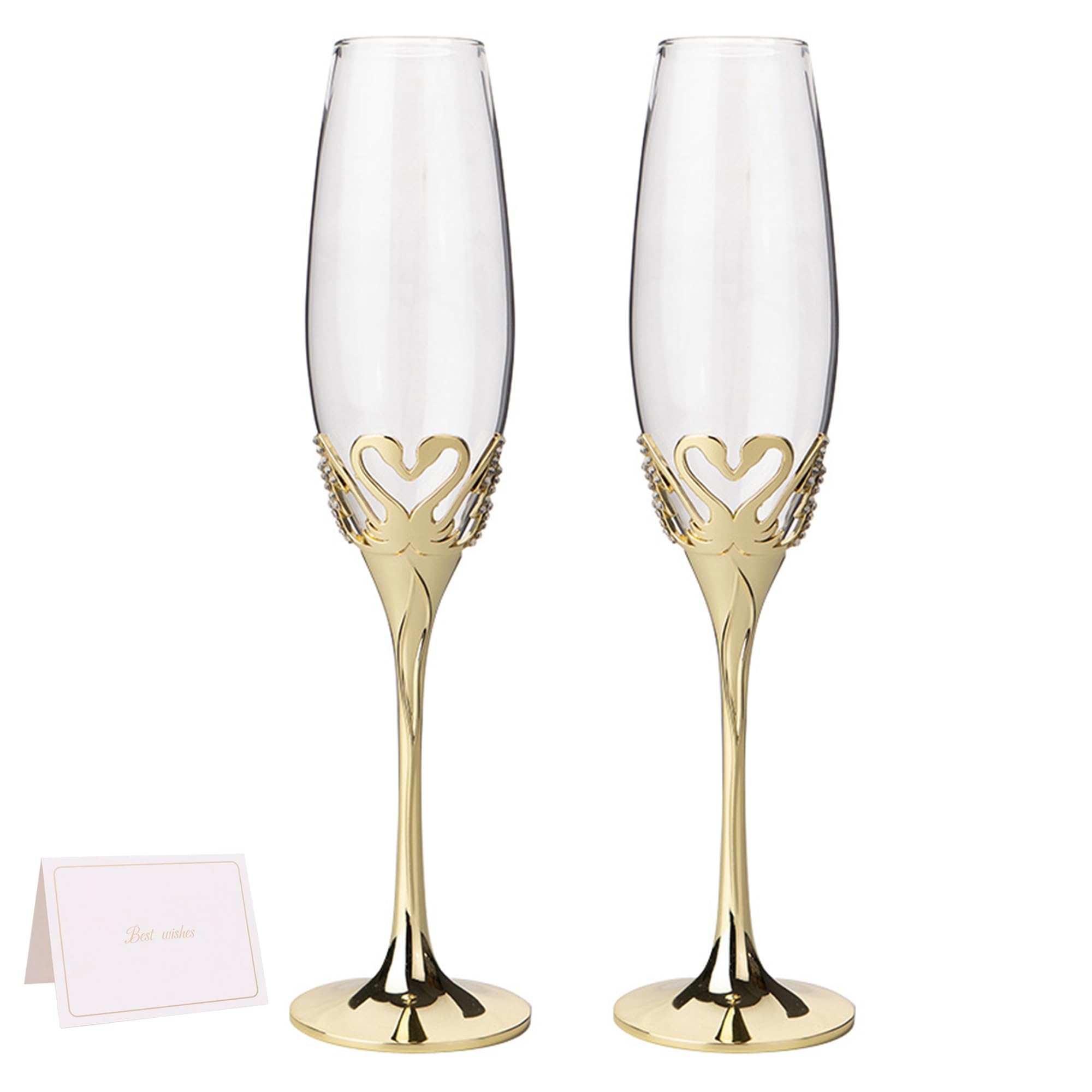 Luxury Champagne Glasses Flutes Set of 2 - Elegant Crystal Gold Lead-Free 8oz Glass Swan-Design Diamond-Accented Heart-shaped Zinc Alloy Base, for Weddings Party Birthday Anniversary Romantic Gifts