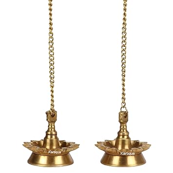 Kartique Brass Metal Wall Hanging Multi Slot Diya with Chain for Home Decor Mandir Entrance Pital Pooja Deepak Puja Deepam Diwali Gift Lamp Pair | 2 Pcs