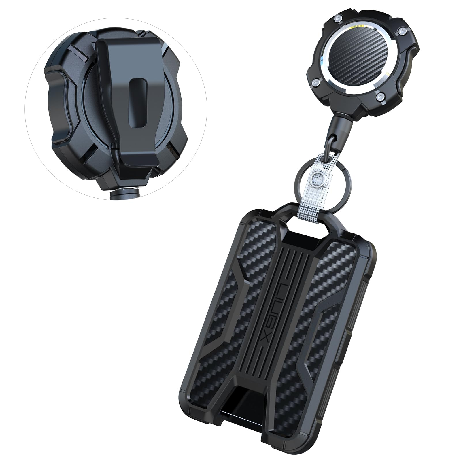 LIUGX Retractable Badge Holder with Belt Clip, Heavy Duty Carabiner Keychain,Durable ID Card Holder (Holds 4 Cards), Carbon Fiber-Texture, with 31.5”Badge Reel Key Chain, 10,000+ Rebound, Silver-Black