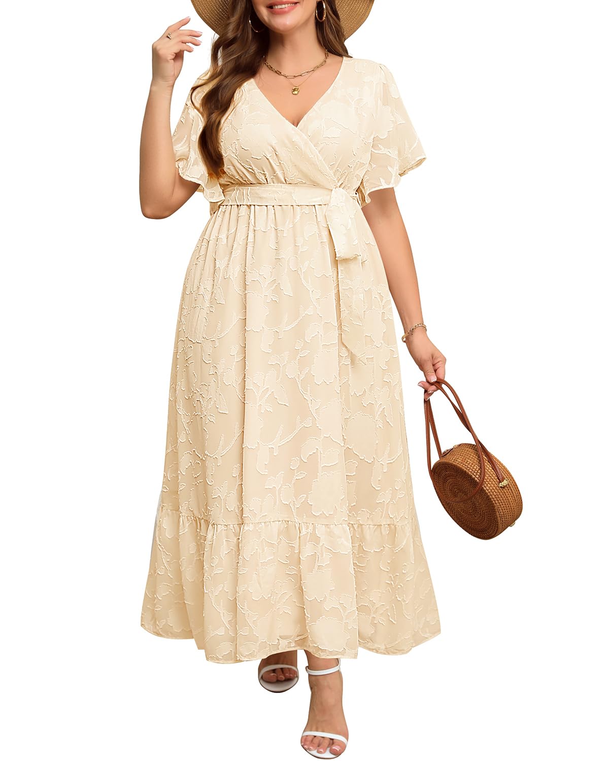 Photo 1 of 22W-Plus Size Dresses for Wedding Guest Beige Maxi Semi Formal Wrap V Neck Flutter Sleeve Long Flowy Dresses with Belt