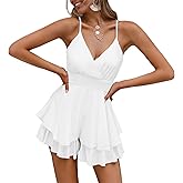 Fixmatti Women Spaghetti Strap Romper V Neck Backless Ruffle Chiffon Shorts Jumpsuit Playsuit