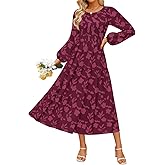 ZESICA Women's Fall Boho Floral Midi Dress 2026 Casual Long Sleeve Crewneck Flowy Wedding Guest Long Dresses