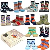 TeeHee Kids Boys Cotton Fun Crew Socks 12 Pair Pack (3-5Y, Multi Stripe & Skulls)