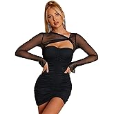 HTZMO Women's Long Sleeve Cut Out Mini Dress Sheer Mesh Ruched Bodycon Sexy Party Dresses