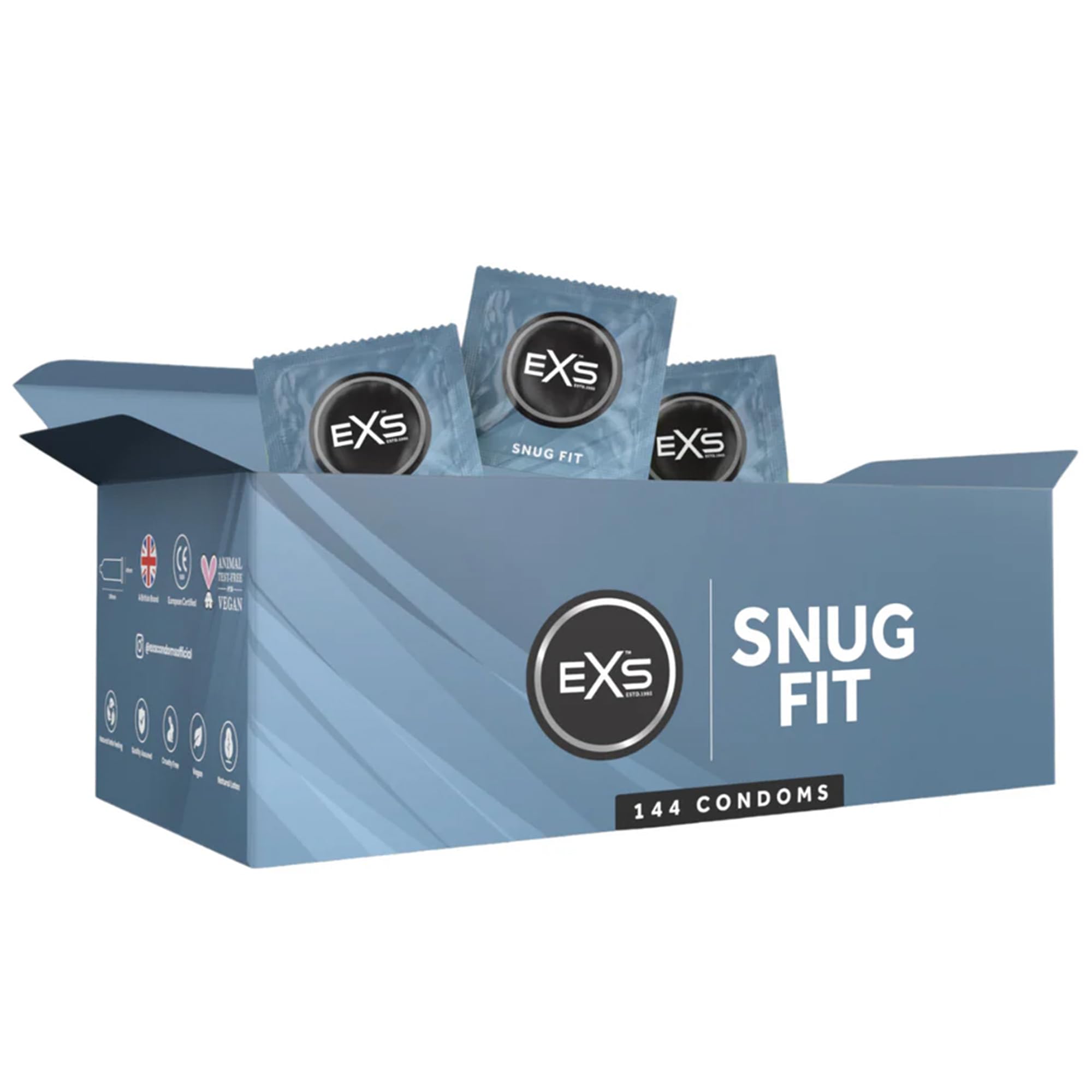 EXS Snug Fit Condoms (144 Pack) 49mm Width, Premium Latex with Non-Spermicidal Lube, Straight-Walled with Teat, PETA-Approved Vegan Condom, 3 Year Life - CE Marked NHS Approved Male Condoms