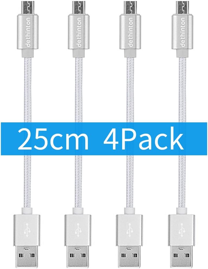 dethinton short Micro USB Cable (4 pack 25 cm) Android Charging Cables Data Sync Cord Cable for Samsung Galaxy S5 S6 S7 S7 Edge, Note 3 4 5 HTC Motorola Kindle LG and More-Silver