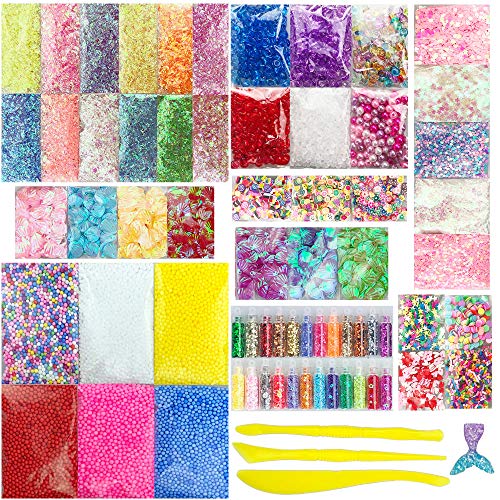 Miukada 72 Packs Slime Supplies Kit.Slime Beads Charms for Slime DIY, Girl Slime Party Decoration, Homemade Slime. Includes Foam Ball,Fishbowl Beads,Glitter,Fruit Slices,Pearls, Sugar Paper,Shell