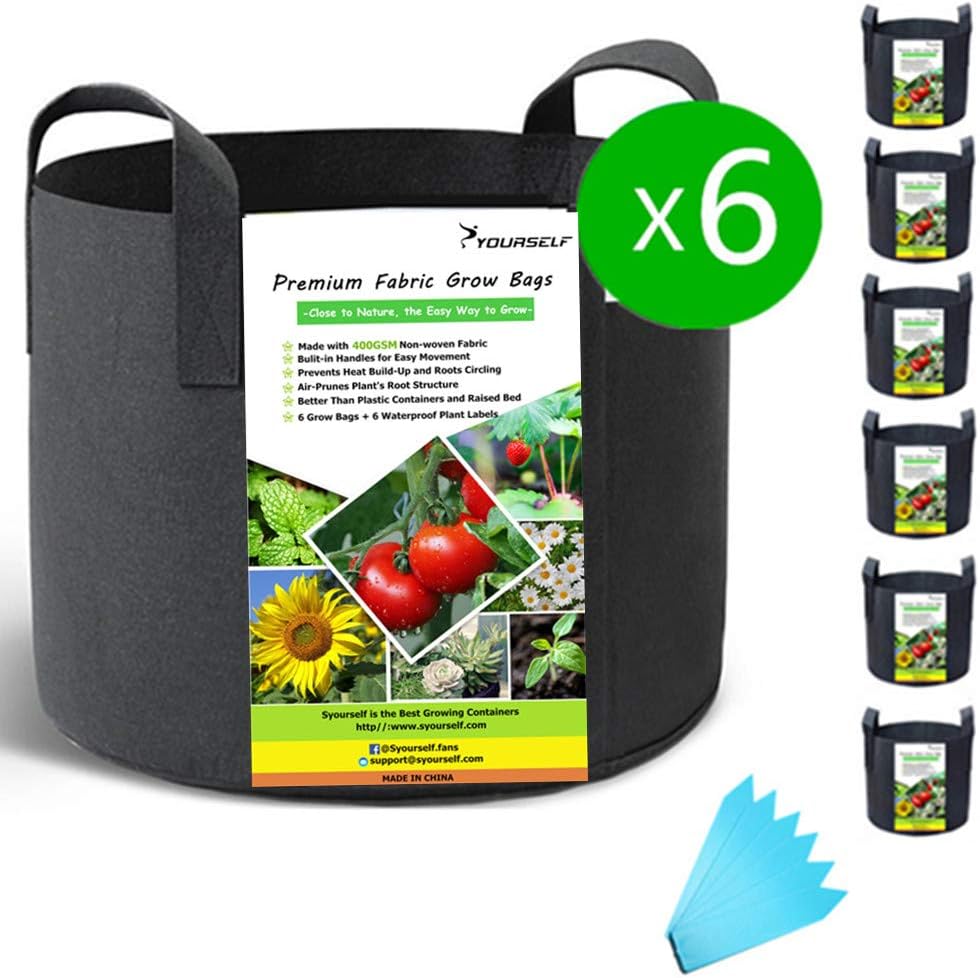 SYOURSELF 6 Pack Grow Bags 3 Gallon Fabric Pots ,Thickened Nonwoven Grow Bag with Handles ,Fabric Pots for Vegetable Flower Tomato Potato Garlic Indoor Outdoor Plants +6 Waterproof Garden Lables