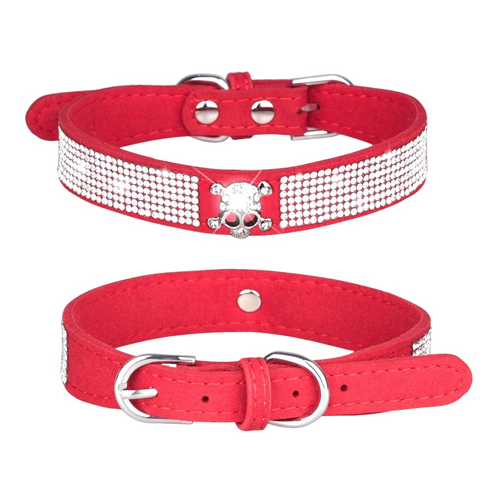 Haoyueer Rhinestone Dog Collar, Cute Dazzling Sparkling Soft Suede Leather Dog Cat Rhinestone Collar Crystal Diamond Pet Dog Puppy Collar (L, Red-5)