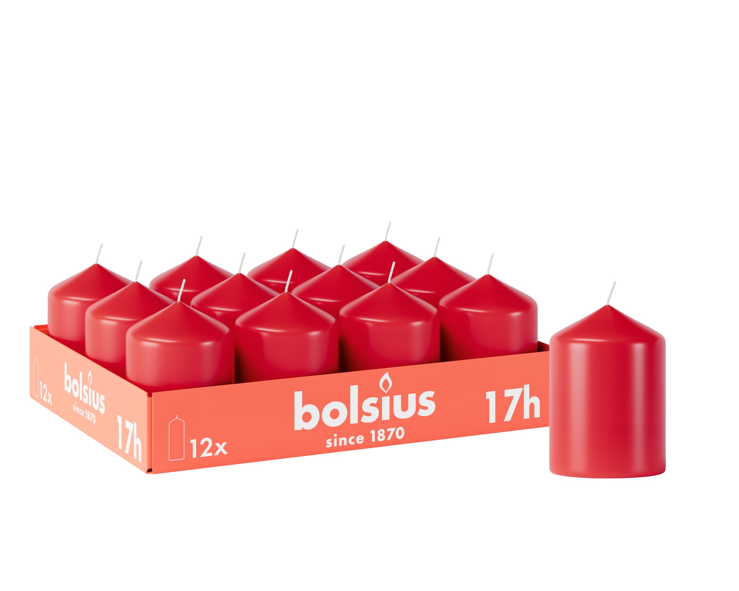 Bolsius Smooth Pillar Candles - Red - Pack of 12-8 x 6 cm - Decorative Household Candles - Burn Time 17 Hours - Unscented - Contains Natural Plant Wax - Without Palm Oil
