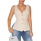 OYOANGLE Women's V Neck Sleeveless Button Down Blouse Tie Back Side Slit Office Dressy Tops