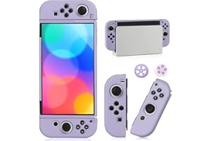 BRUXIMLY Switch OLED Case for Nintendo Switch OLED Model, Dockable Cover Soft TPU Protector Case for Switch OLED Grips & Console and Accessories with 2 Pcs Thumb Caps, Purple