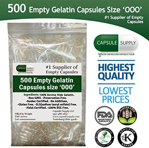 500 Empty Gelatin Capsules (Size 000) Capsules | Halal/Kosher Certified | SLS - Free | High Quality