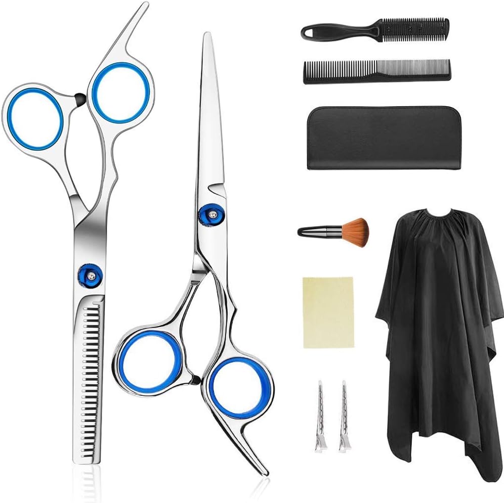 Professional Hair Cutting Scissors Set 9 PCS Hair Cutting Scissors, Thinning Shears, Hair Razor Comb, Clips, Cape, Hairdressing Scissors Kit,Barber set,Hair Cutting Shears Set (White1)