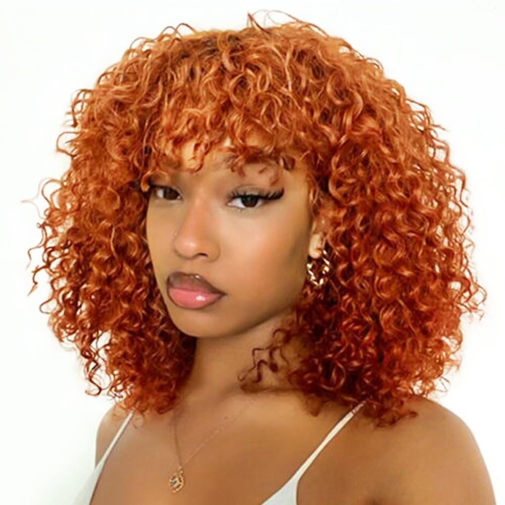 DÉBUT Human Hair Bob Wig - Short, Curly, Jerry Curl - For Black Women - 150% Density, Non Lace Front, Glueless - Bangs - 14 Inches, S ORANGE