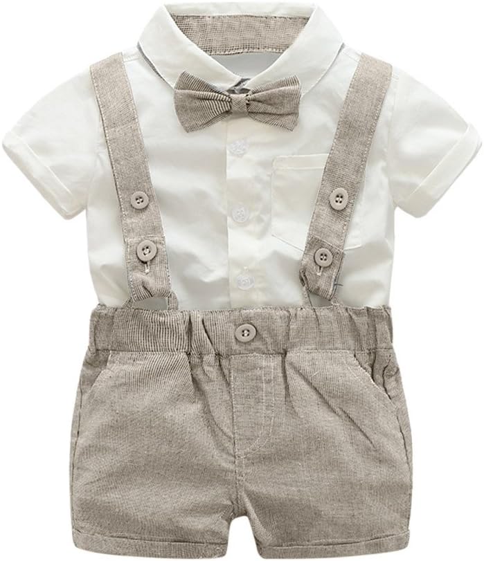 Kstare Baby Boys Outfits Gentleman Bowtie Short Sleeve Shirt+Suspenders Shorts Clothes Set (0-6M, Gray)