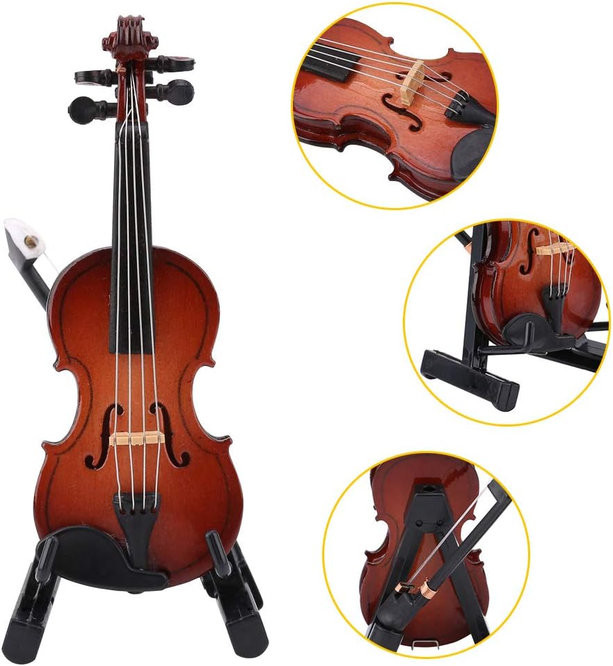 Bow and Gift Case Mini Musical Instrument Model Home DecorHztyyier 8cm Miniature Violin Wooden Instrument Model with Stand Ornaments - Image 5