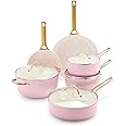 GreenPan Reserve Hard Anodized Healthy Ceramic Nonstick 10 Piece Cookware Pots and Pans Set, Gold Handle, PFAS-Free, Dishwasher Safe, Oven Safe, Blush Pink