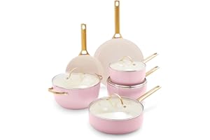 GreenPan Reserve Hard Anodized Healthy Ceramic Nonstick 10 Piece Cookware Pots and Pans Set, Gold Handle, PFAS-Free, Dishwasher Safe, Oven Safe, Blush Pink