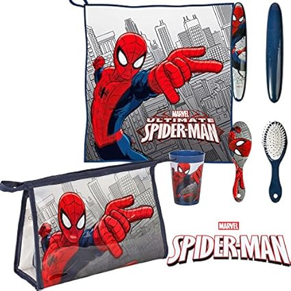 Spiderman Set neceser para niño de 5 piezas, estuche escolar, toalla, escobilla,