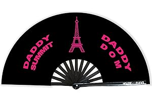 HOUSE OF RAVE John Summy Rave Fan - Eiffel Tower Daddy Dom Funny Hand Fan - Large UV Glow Folding Fan for Women - 13 Inch Festival Fan