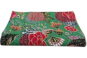 Rajasthaniartdecor Indian Reversible Kantha Quilt for Living Dorm Room Bed Cover Handmade Stitched Pure Cotton Fruit Print Bedspread (Twin 60'' x 90'' Inche, Green) (RAD00V-8)