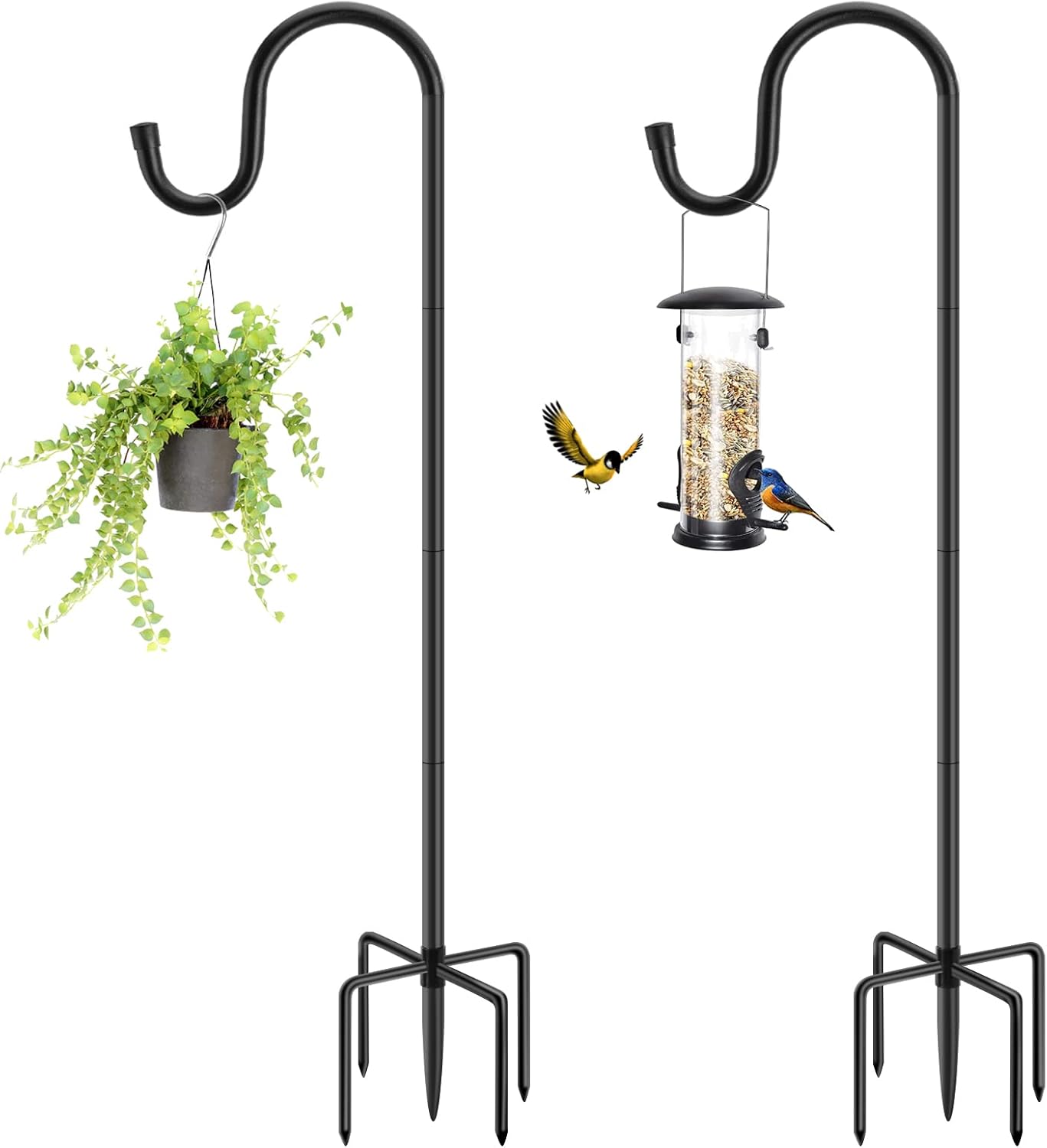 Outdoor Shepherd's Hooks - MIUVIBENI Shepherds Hooks for Outdoor, 60 Inches Heavy Duty Garden Bird Feeder Pole for Hanging Bird Feeder, Plant Baskets, Solar Light Lanterns, Outdoor Plant Hanger Hook with 5 Base Prongs,2 Packs