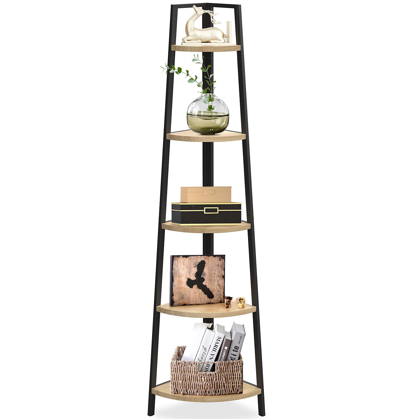 SpringSun 5-Tier Corner Ladder Wood Shelf, Display Rack Multipurpose Bookshelf and Plant Stand for Living Room and Office