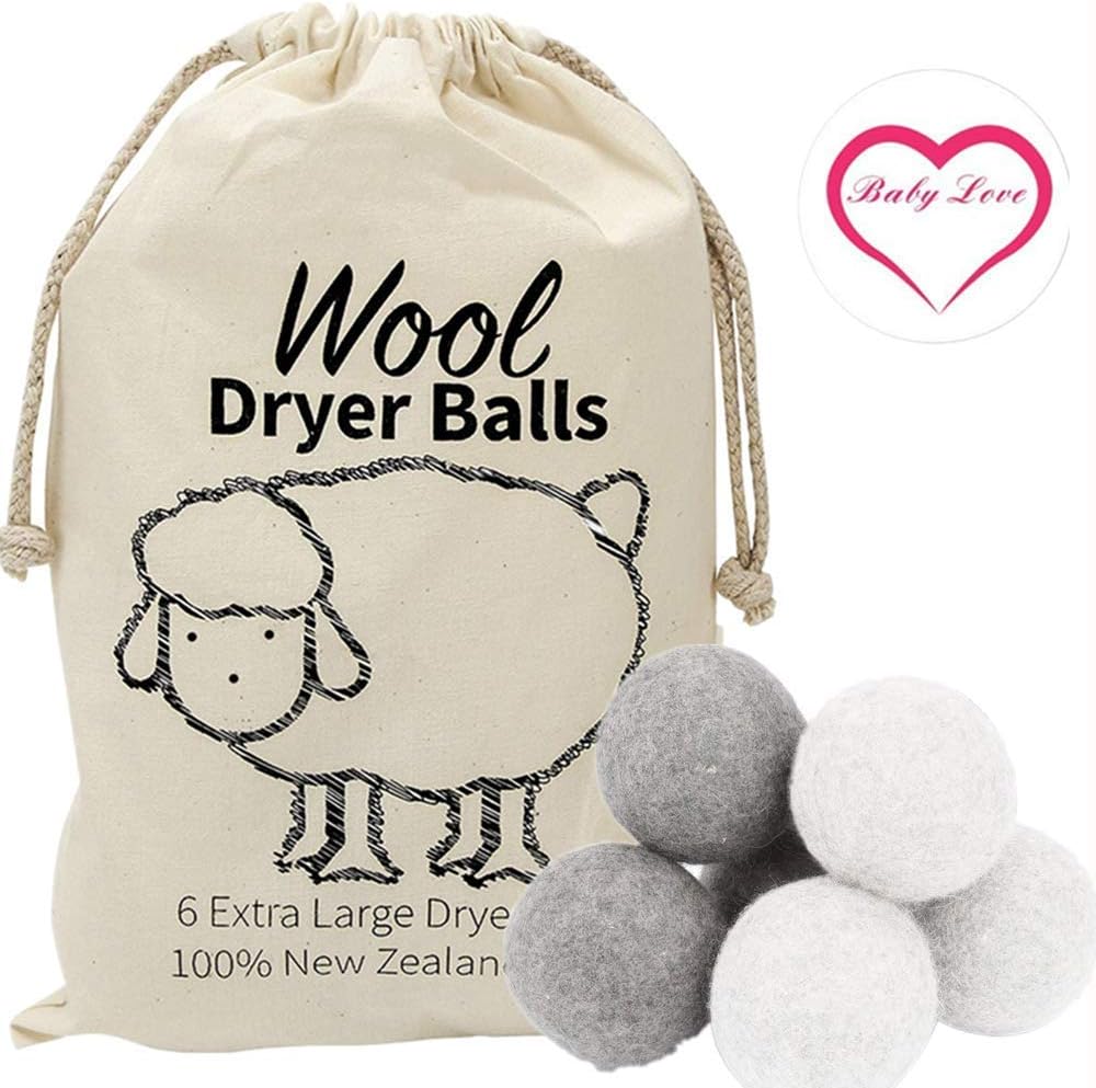 Wool Dryer Balls - 6 Pack XL - Natural Fabric Softener, Reusable, Reduce Wrinkles, Saves Drying Time. Wool Clothes Dryer Balls is a Better Alternative to Plastic Balls. (3 gray+3 white)