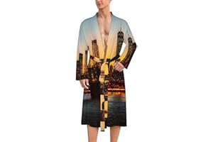 New York City Manhattan Bridge Skyline Mens Robe Nightgown Lightweight Knee Long Bath Robe Spa Bathrobe Loungewear