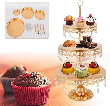 Amazon メタルケーキスタンド 3段 クリスタル ウェディングケーキスタンド ホルダー デザート 結婚式 イベント パーティー ディスプレイ タワー プレート Usa ストック ゴールド Kaning ケーキスタンド