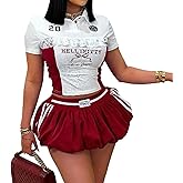 Two Piece Outfits for Women Summer Y2K Going Out Lace Trim Ruched Crop Tops Pleated Bubble Mini Skort Skirt Sets