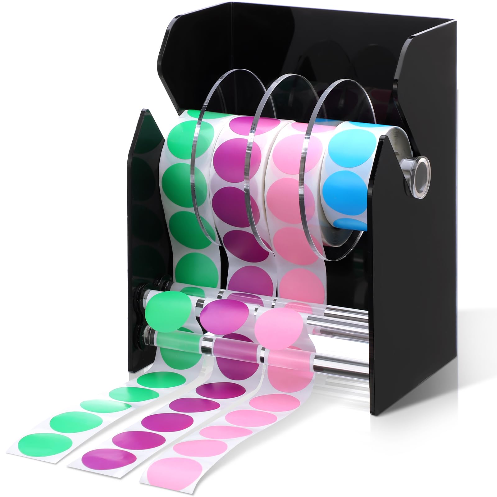 Photo 1 of Geosar Adjustable Label Dispenser 4 Disks Sticker Roll Holder Sticker Dispenser Black Label Roll Holder Acrylic Sticker Holder Organizer Desk Tape Dispenser Label Stand for Office Home Desktop