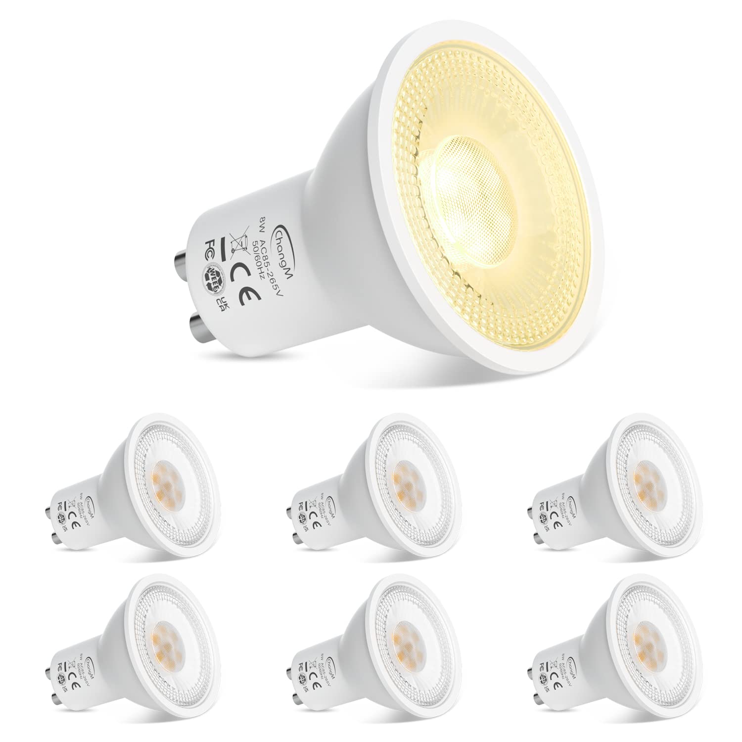 ChangM LED GU10 Bulb Lamp Warm White 2700K Spot Light 8W, Non-dimmable 120° Beam Angle Reflector Lamps (6 Pack) — image 1