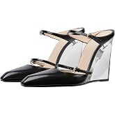 Goolita Clear Wedge Heels For Women, Closed Pointed Toe Mule Heels with Buckle Strap Sexy Backless Slip On Party Evening Shoes