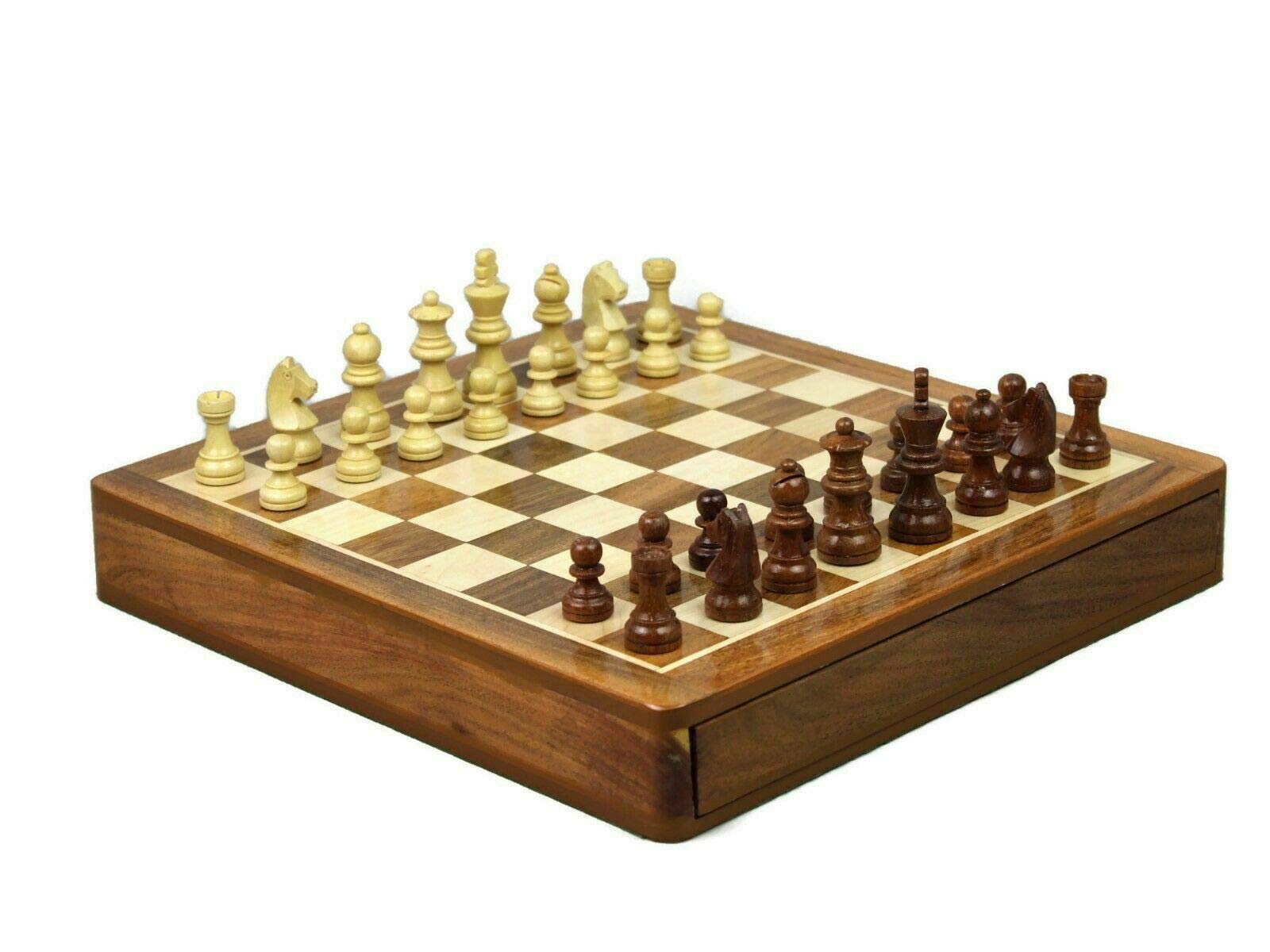 Heavy Handmade Handcrafted Solid Wooden Chess Set Sheesham Square Board With Staunton Chess Pieces And Storage Compartment 12 Inch