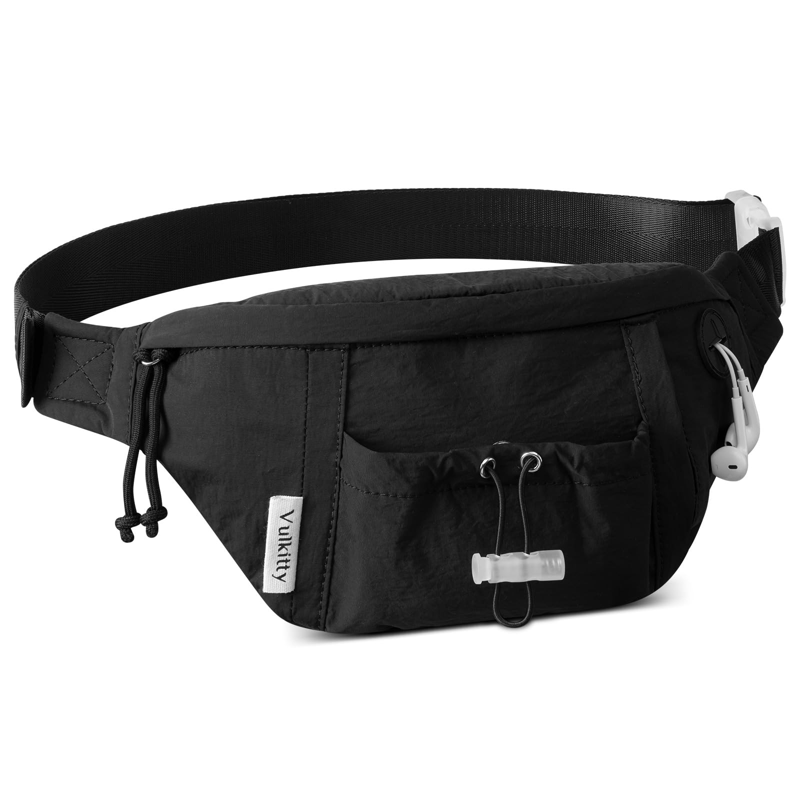 Vulkitty Bumbag for Men Women, Black Fanny Pack with Adjustable Belt, Headphone Jack, Multiple Pockets, Water-Resistant Fabric, for Running, Hiking, Travel