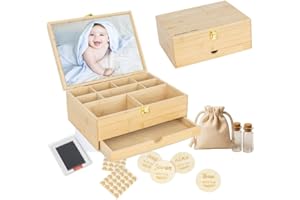 THE CONSCIOUS MOM Baby Keepsake Box with 5 Additional Memory Items – Bamboo Memory Box for Baby Girls & Boys – Handprint Kit, Milestone Discs, Photo Corners, Glass Vials, Burlap Bag