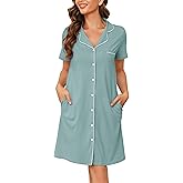 Vlazom Women's Nightgowns Short Sleeve Sleep Shirts Nightshirt V Neck Button Down Pajama Sleepwear S-XXL