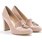 LEHOOR Women Chunky Block High Heel Fringed Pumps Round Toe, Slip On Dress Loafers with Tassel Suede Patent Leather Patchwork for Ladies Girls Office 4-15 M US