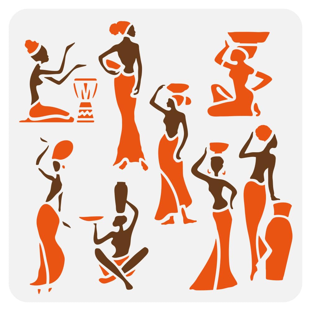 FINGERINSPIRE African Woman Painting Stencil 30x30cm Reusable Black Woman Silhouette Stencil Template African Tribal Woman Stencils for Painting on Wood Canvas Fabric Wall Furniture DIY Home Decor