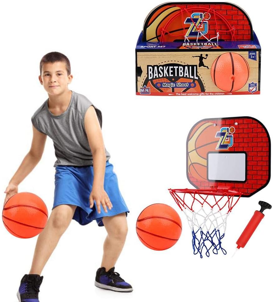 Mini Basketball Hoop Set, Over The Door Plastic Hanging Basketball Hoop with Basketball and Pump, for Kids Adults Indoor Office Desktop Basketball Games