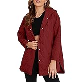 EVALESS Winter Outfits for Women Diamond Quilted Jackets Trendy 2025 Fall Long Sleeve Coat Hooded Button Down Puffer Jacket Solid Shacket Jacket Clothing for Women Dressy Casual, Red Medium