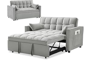 SPOWAY 3 in 1 Sleeper Sofa Couch Bed, Velvet Convertible Loveseat Sleeper Sofa with 3 Level Adjustable Backrest, Storage Pockets, Toss Pillows, Pull Out Loveseat Sleeper for Living Room, Grey