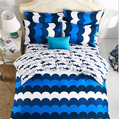 Home Textile Blue Sea Wave With Shark Print Bedding Sets No Comforter,100% Polyester Shark Kids Duvet Cover,(Full/Queen Size,4PC)