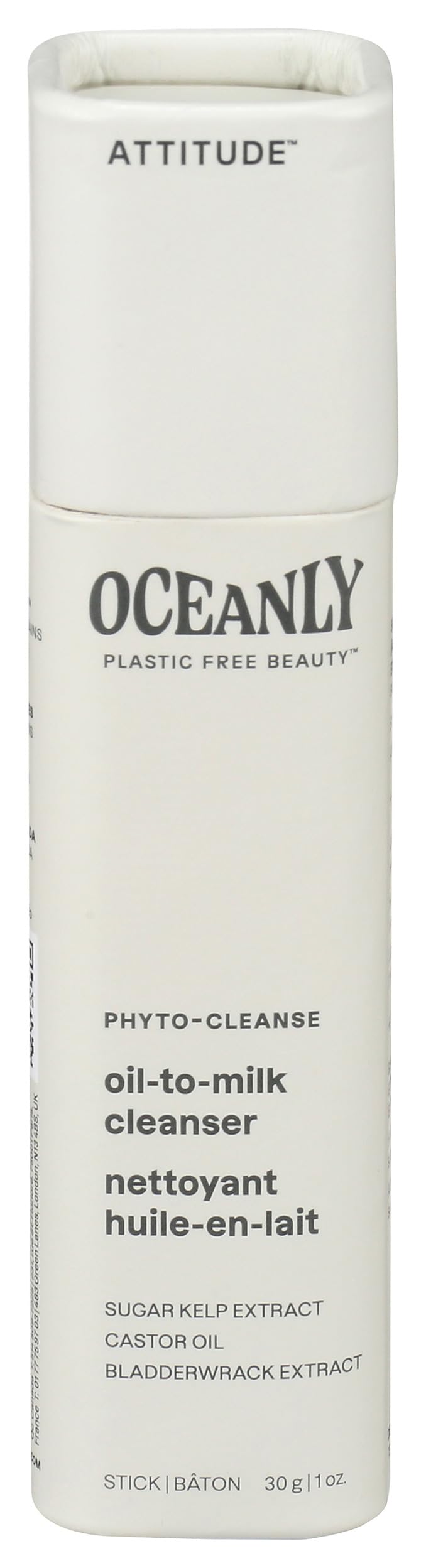 ATTITUDE Oceanly Oil-to-Milk Face Cleanser Stick, EWG Verified, Plastic-free, Plant and Mineral-Based Ingredients, Vegan Skin Care Products, PHYTO CLEANSE, Unscented, 30 grams