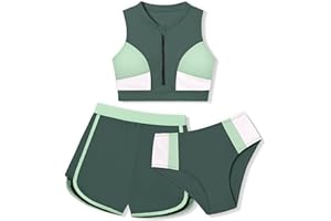 AGAPENG Girls Swimsuit 3 Piece Color Block Zipper Front Bathing Suit Bikini Set with Shorts Sporty Girls' Swimwear 7-16 Years