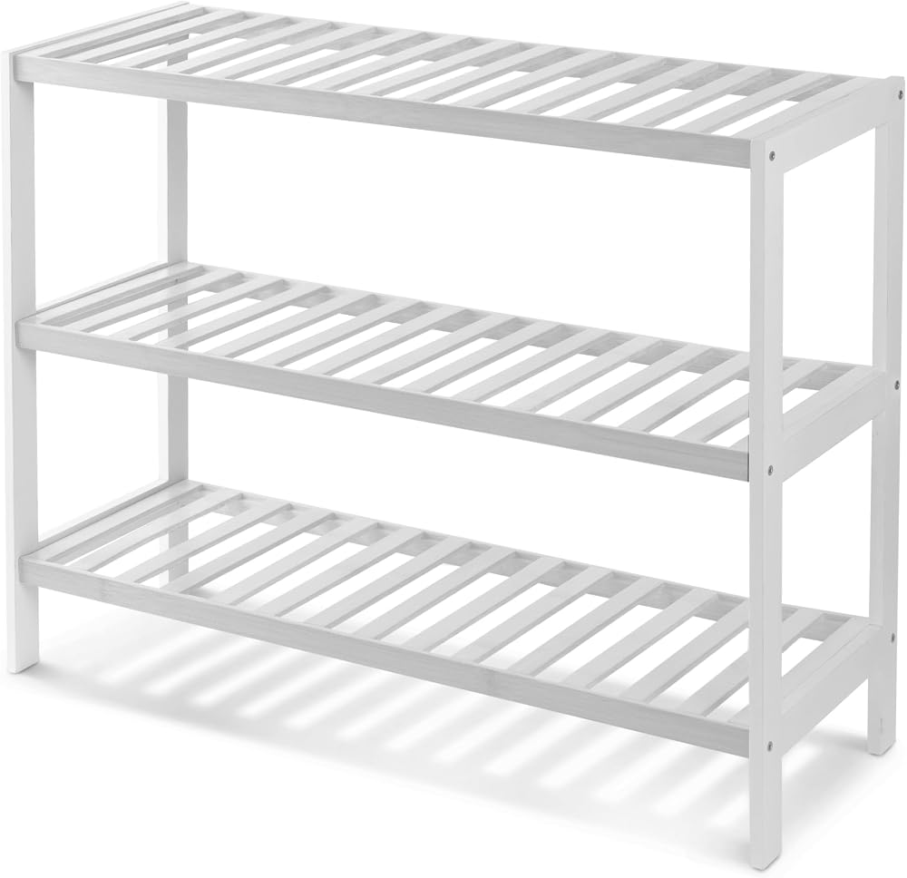 KEPLIN Natural Bamboo 3 Tier Shoe Rack White 70x55x25cm 9 Pairs